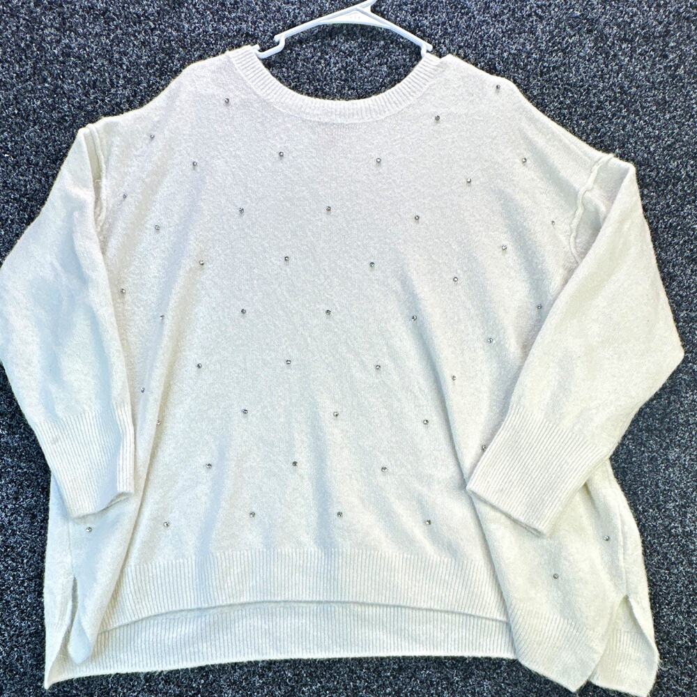 Vince Camuto Women’s 3X White Rhinestone Embellished Sweater Oversized Pullover